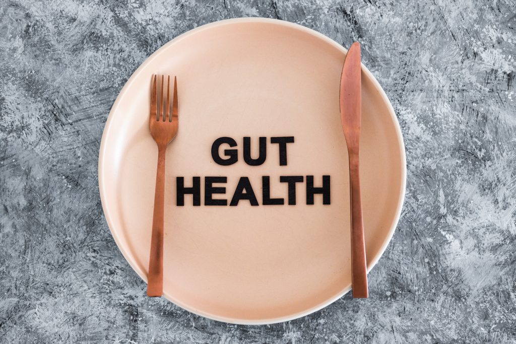 gut health text on dining plate with fork and knife, healthy nutrition and scientific research about the microbiome
